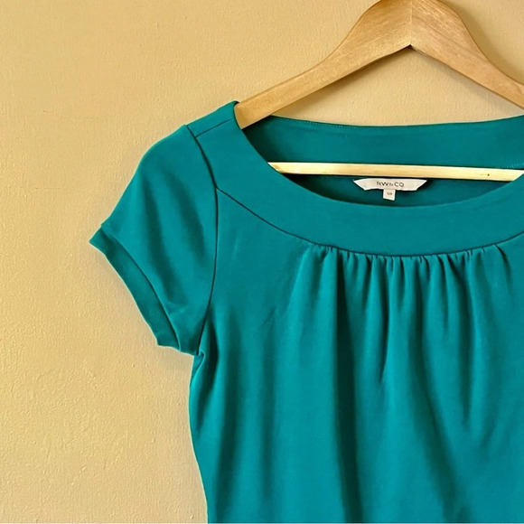 RW&CO| Teal Green Boat Neck Cap Sleeve Fitted Cotton Top Size  US Small - Picture 2 of 8